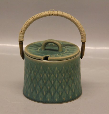 Green B&G Art Pottery tableware
755 Marmelade jar with handle 1909 14.5 x 10 cm Quistgaard relief green