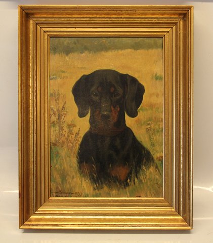 Simon Simonsen Dachshund Oil on Canvas 45.5 x 35.5 cm including the golden 
frame. Signed 1899 Painted at "Strandgaarden"