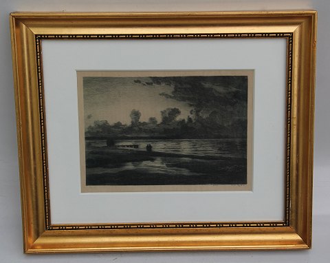 Etching: Carl Locher 1898 Evening Mood at the Seaside 29.5 x 25.7 cm including 
frame