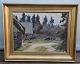 Gunnar Bundgaard Painting oil on Canvas Golden frame 41.5 x 51 cm Cattle with a 
farm in  the wood