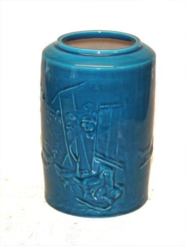 B&G Art Pottery Bing & Groendahl B&G 19-191 Turquoise glazed vase with chicken 
15.5 cm Mogens Bøggild Signered MB