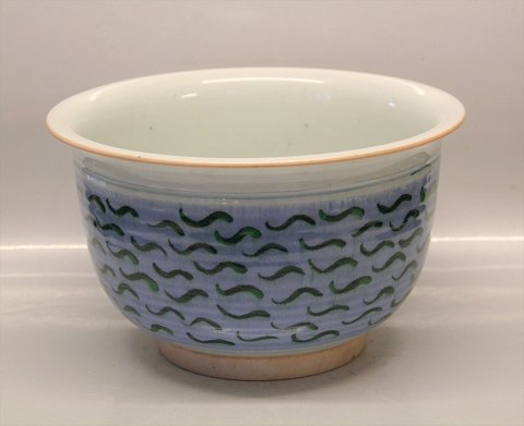 Bodil Manz Rund Bowl with light blue and green decoration 15.7 x 27 cm