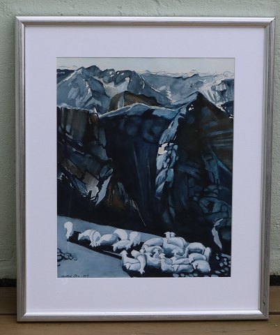 Anders Ova Painting 2003: Sheep at hill. Acryl on board?  in silver frame 66 x 
55.5 cm