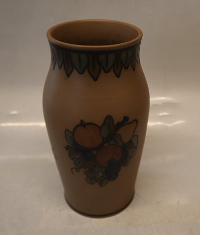 Brown Vase 19.5 cm Fruit decoration #47 L. Hjorth Bornholm Denmark