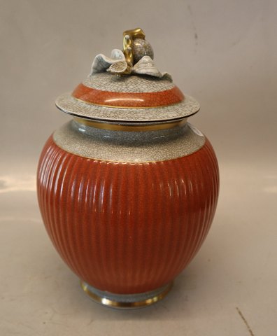 212-2781 RC Grey lidded vase with orange and gold 25 cm  Royal Copenhagen 
Crackleware  Craquelé, (Crackelure)